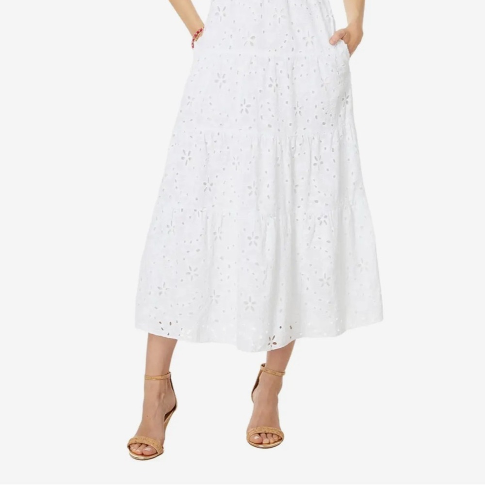 Lilly Pulitzer Cotton White Eyelet Midi Skirt Fairy Cottagecore Pockets 4 EUC
